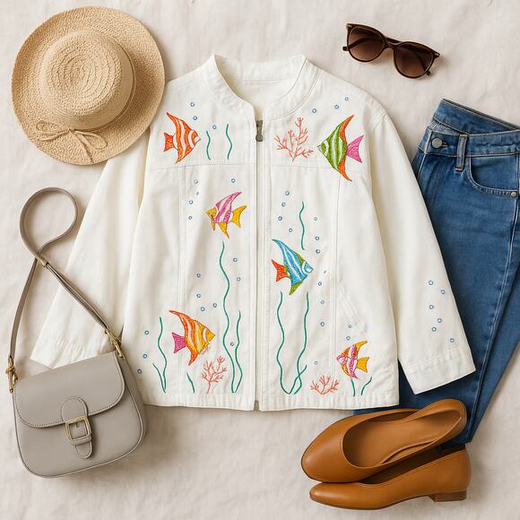 Quacker Factory Jacket Womens 2X Embroidered Tropical Fish Reef Zip Cotton White - Picture 2 of 14